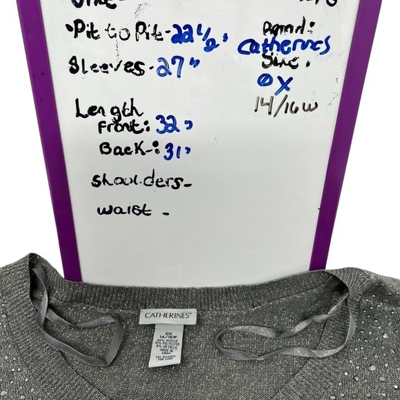 Catherines Silver Gray V Neck Studded Metallic Long Sleeve Sweater Size 0X 16W - Picture 9 of 14